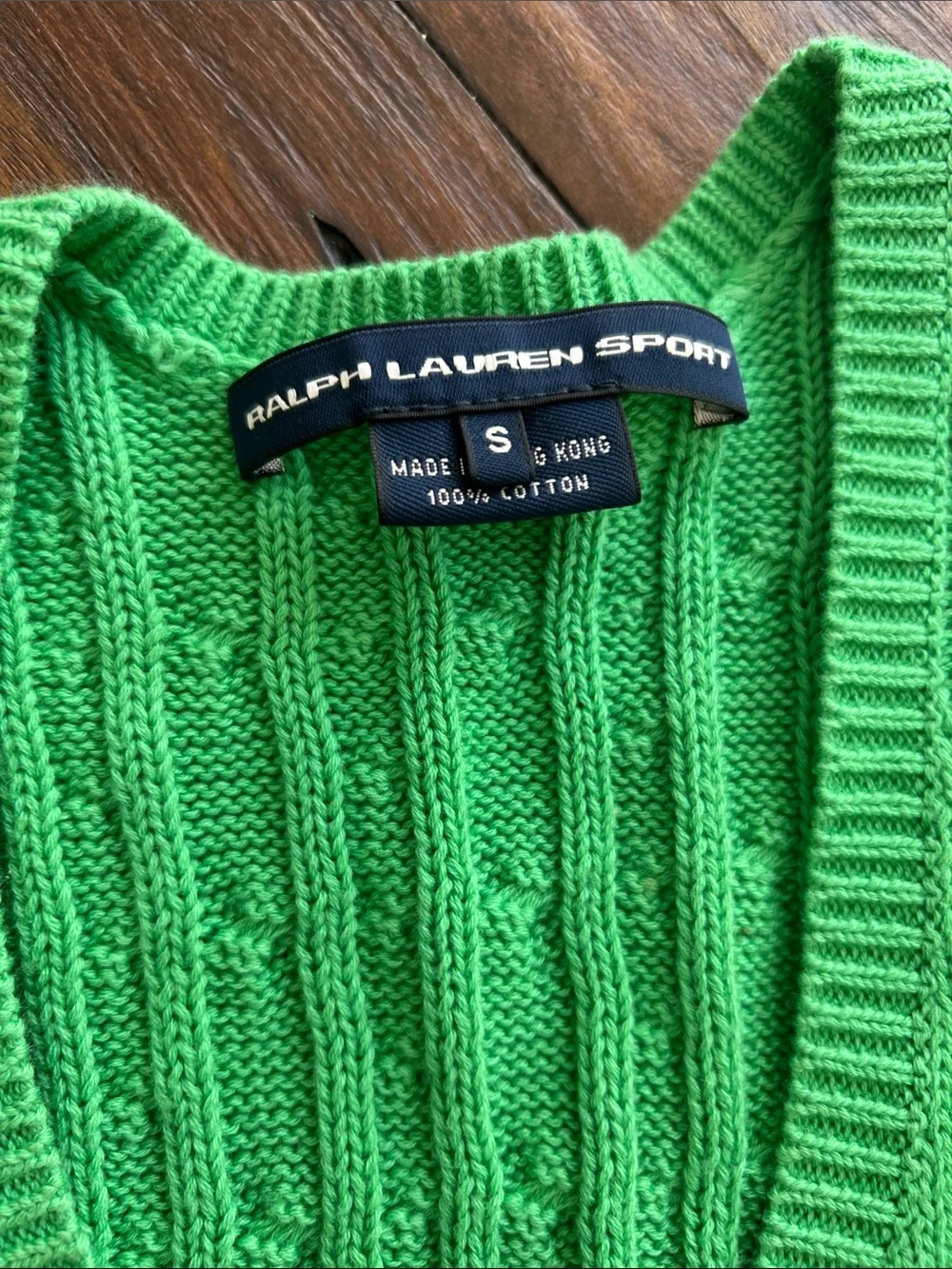 Ralph Lauren Kelly Green Cable Knit V-Neck Vest with Pink Pony - Picture 2 of 3